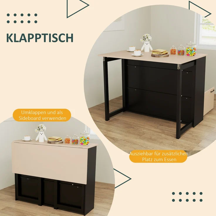 Bartisch mit Barhocker Set, 3-teiliges Bartisch Set, Esstisch mit Klappbarer Tischplatte, Küchentisch mit Schrank, Essgruppe für Esszimmer, Wohnzimmer, Schwarz--Schwarz--116x70x89.5cm--YOUDENOVA – Bild 4
