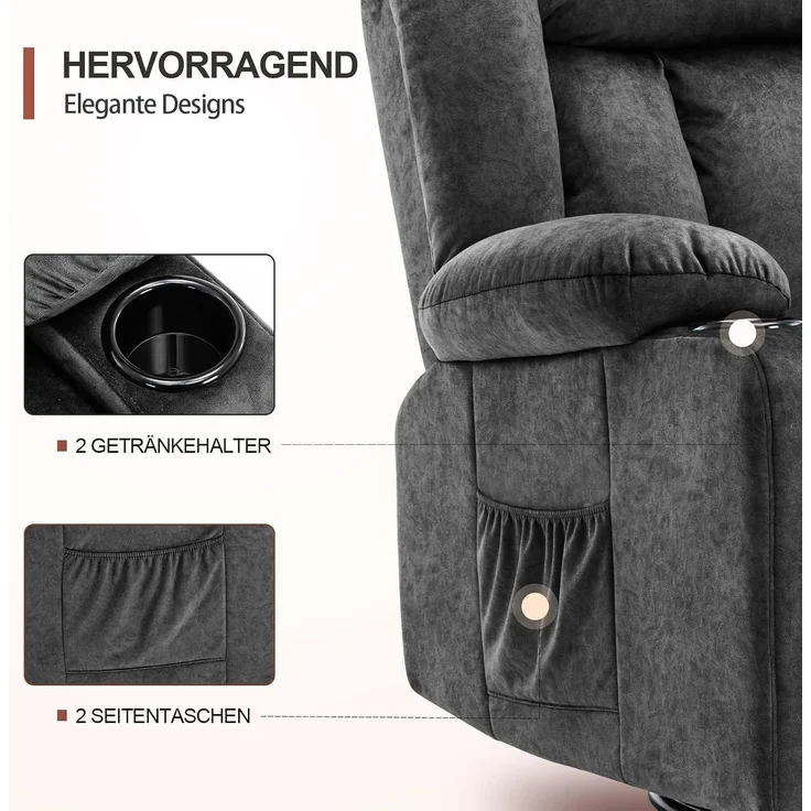 COMHOMA Manueller Drehbarer Relaxsessel für Erwachsene mit Verstellbarer Rückenlehne und Fußstütze, 360° Lounge Sessel für Wohnzimmer, Getränkehalter, Seitentaschen, Weicher Stoff, Ergonomisch, Grau – Bild 7