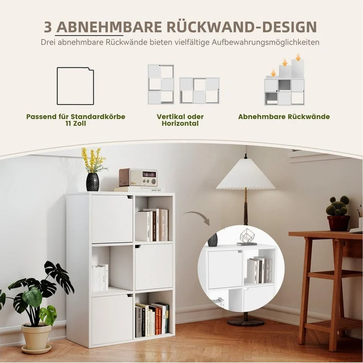 oyajia Bücherregal Bücherschrank Aufbewahrungsregal, Bücherregal, Würfelregal im modernen Design, 6 Fächer mit 3 Türen – Bild 3