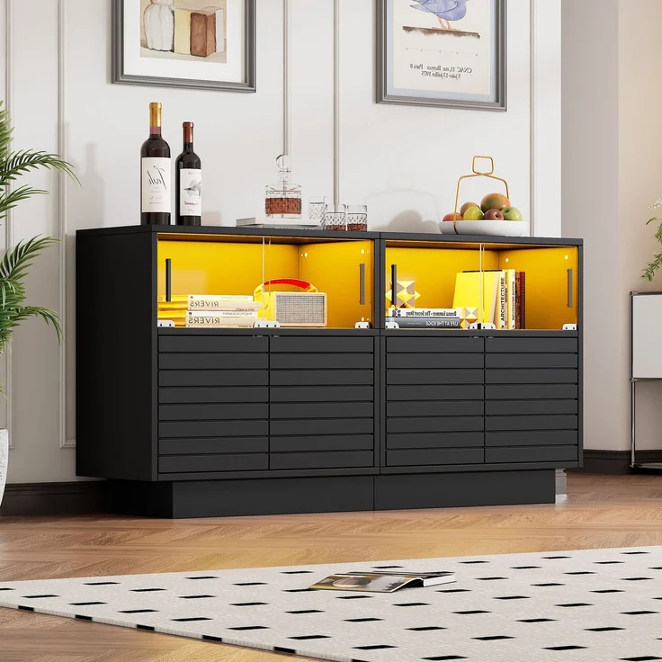 ZUBALIYA Sideboard 130x35x68 cm, mit LED-Beleuchtung, mit Glastüren, aus Spanplatte, Schwarz – Bild 24