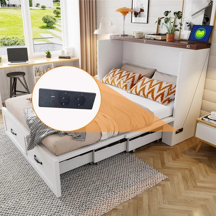ZUBALIYA Klappbett 140 × 200 cm, Metall und Holz, Ausziehbett, Weiß – Bild 4