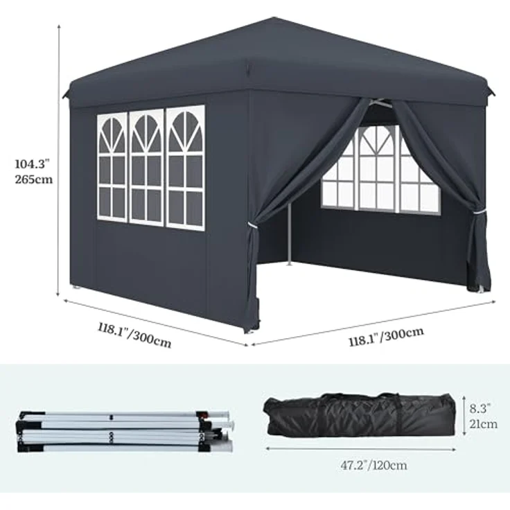 YITAHOME Pavillon mit Seitenwänden, 3x3 m wasserdichte zusammenklappbares Garten Vordach, Ganzjahres Camping Pavillon UV-Schutz mit Heringen,Seil,Tragetasche,Gewichtsbeuteln Veranstaltungen,dunkelgrau – Bild 6