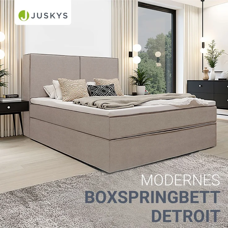 Juskys Boxspringbett Detroit 180x200 cm - Hochwertiger Chenille Stoff, inklusive Topper, komfortable Einstiegshöhe - Beige – Bild 2