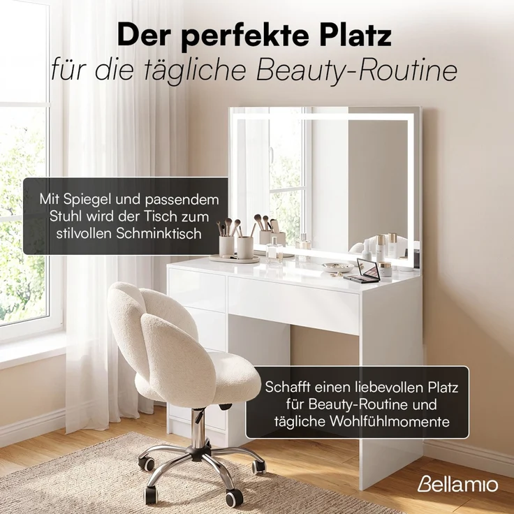 Bellamio 'Livny' Schreibtisch mit 5 Schubladen, beidseitig montierbar, weiß Hochglanz, 80x53x110 cm, Computertisch mit Stauraum, Bürotisch mit Push-to-open, geeignet als Schminktisch – Bild 8