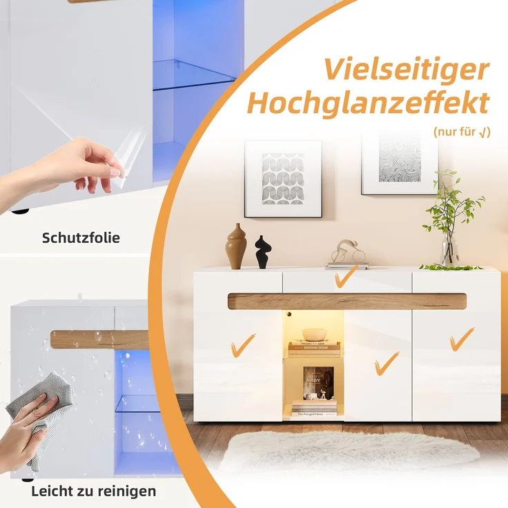 ZUBALIYA Sideboard 140x40x70 cm, mit LED-Beleuchtung, mit App-Steuerung, Hochglanz, aus Spanplatte, Weiß / Natur – Bild 5