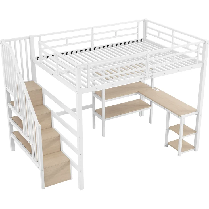 140x200 Metall-Hochbett mit Treppe, integriertem Schreibtisch, Staufächern, USB-Ladestation und LED-Licht, Weiß – Bild 7