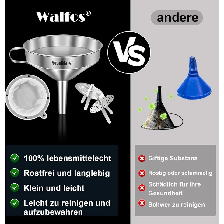 Walfos Edelstahl Trichter mit 2 Sieben & Reinigungsbürste 200 Mesh 13 cm – Bild 2
