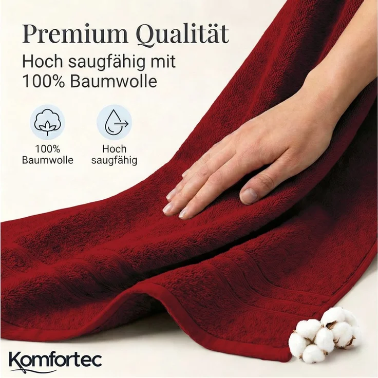 Komfortec Badetuch 100x200 cm aus 100% Baumwolle, Saunatuch XXL, Weich, Groß, Frottee, Schnelltrocknend, Rot – Bild 4