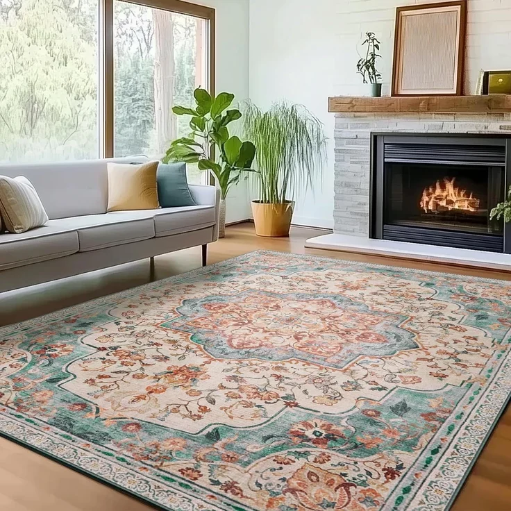 SONGMICS HOME Vintage Teppich, 140x200 cm, Wohnzimmerteppich, Schlafzimmerteppich, Waschbarerteppich, Rutschfester Teppich, für Küche, Flur, Esszimmer, aquamarinblau TAR039Q01