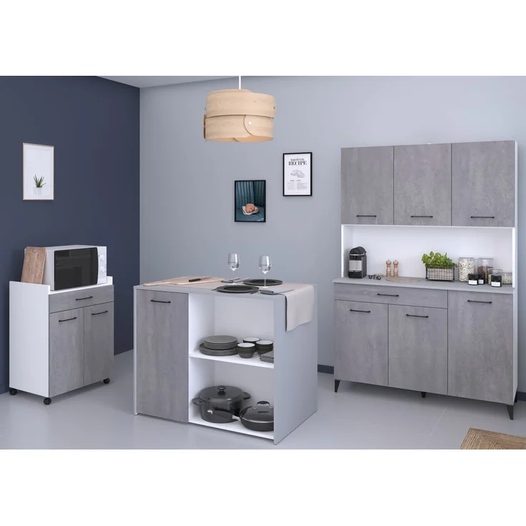 Mehrzweckschrank-Set >Malice 6< (3-teilig) Buffet + Insel + Beistellschrank, Beton Optik hell / weiß – Bild 2