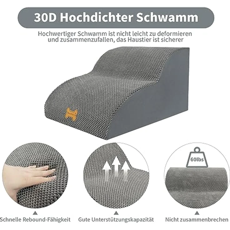 Nepfaivy Hundetreppe für Kleine Hunde 2-Stufig, Haustiertreppe für Bett und Sofa aus Hochdichtem Schwamm, Hunde Treppe Hunderampe mit Abnehmbarem, Waschbarem Bezug und Rutschfestem Boden, 55 x 40 x 30 cm – Bild 4