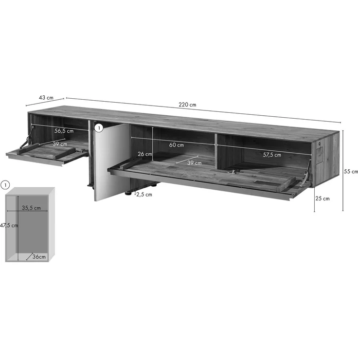 Lowboard Wildeiche 220x43x55 natur geölt / Glas weiß WIEN #107 – Bild 8