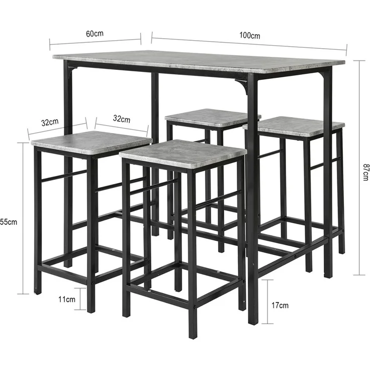 SoBuy OGT11-HG Bartisch-Set mit 4 Hockern, MDF, PVC-Furnier, Grau, 100 x 87 x 60 cm – Bild 3