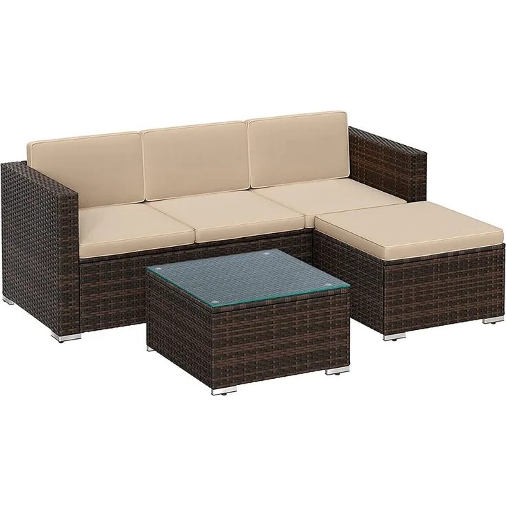 SONGMICS Gartenmöbel-Set mit Kissen und Glastisch, Polyrattan, Braun / Taupe