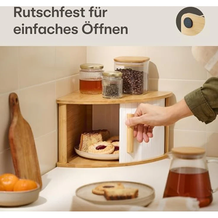 Praknu Brotkasten HAUPT Eckbrotkasten, Bambus, Holz, (Einzelartikel, 1-tlg, Nein), FSC®-zertifiziert, platzsparendes Eckformat, Schiebetür beidseitig – Bild 6