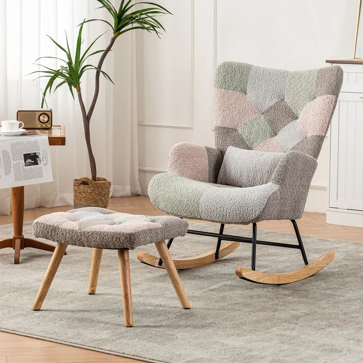 Merax Bequemer bunter Schaukelstuhl, inklusive 1 Fußstütze (49*38*37 cm) und 1 Lendenkissen, stabiles Gestell aus Gummibaumholz, mehrfarbiges Design, Loungesessel – Bild 1