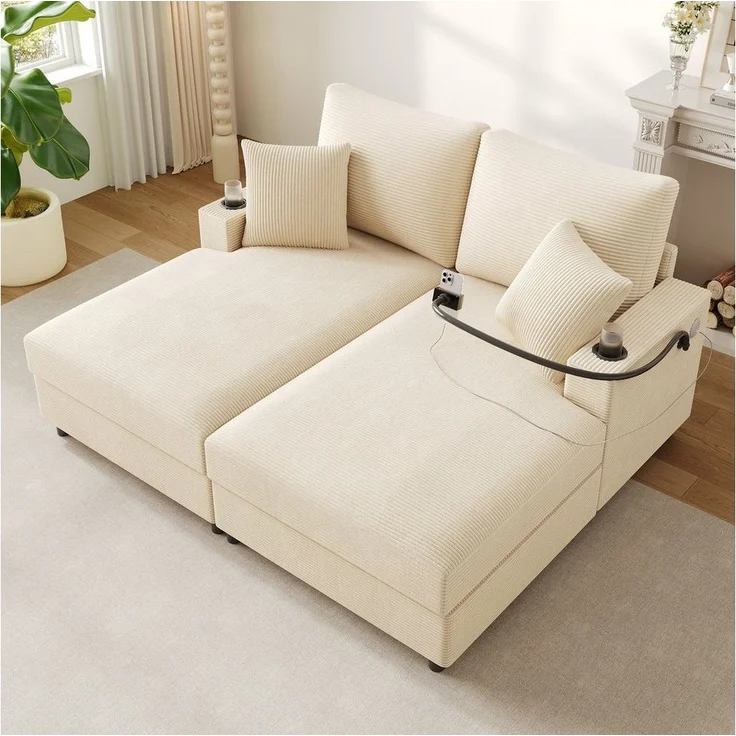 Merax Schlafsofa XXL-Doppelsofa mit Schlaffunktion und USB-Anschluss, Doppelschlafsofa für Wohnzimmer, Schlafzimmer und Heimkino 1 Teile, Relaxsofa Sofa mit 360° Handyhalterung, Getränkehaltern & Kissen – Bild 1