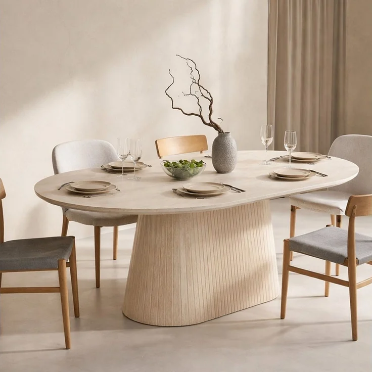 HOOZ Wohnzimmertisch Esstisch oval modern Säulenfuß Keramikplatte 180x90 cm Travertin-Optik (Einzelprodukt, 1× Esstisch), Keramik-Tischplatte, verschiedene Varianten, pflegeleicht & stabil – Bild 2