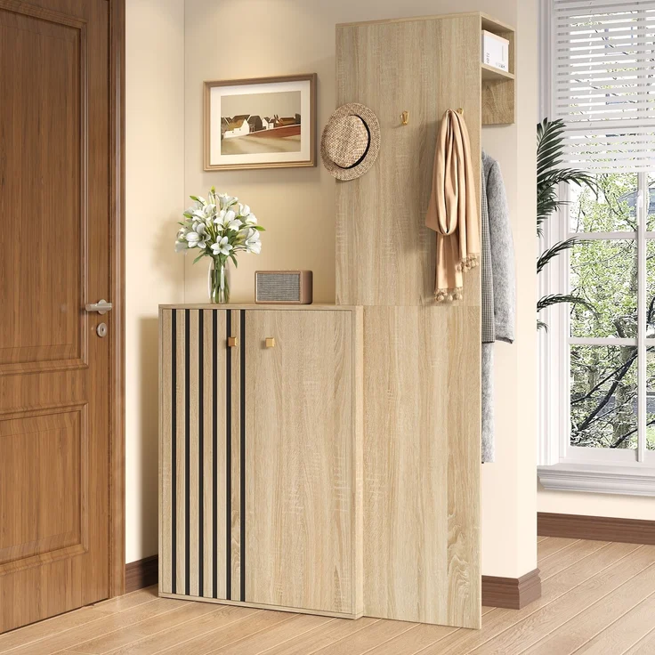 Moderne Flurgarderobe mit Stauraum,Garderobenset, Kompaktgarderobe,Schuhschrank,Flurgarderobe,mit Kleiderhaken,Kleiderstange, für den Flur--Natürlich--115x38.5x191.5cm--YOUDENOVA – Bild 9