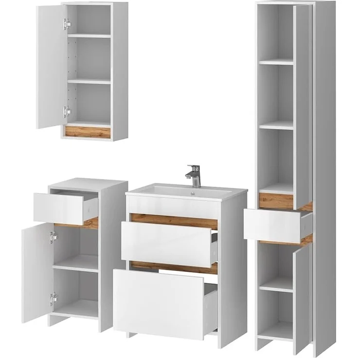 Badmöbel-Set Detmold Weiß Hochglanz/Goldkraft Eiche 5er-Set Vicco – Bild 7