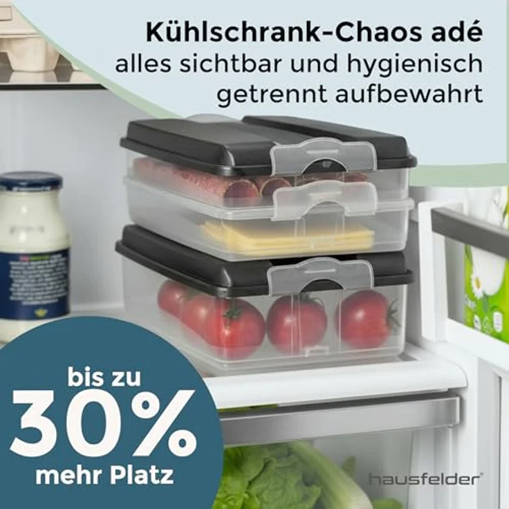 Hausfelder Frischhaltedose Aufschnittdosen 4-teiliges Set (3 x flach + Deckel), Kunststoff, (Set, 4-tlg, 3 x flach + 1 x Deckel), Kühlschrank Organizer, BPA-frei, stapelbar – Bild 3