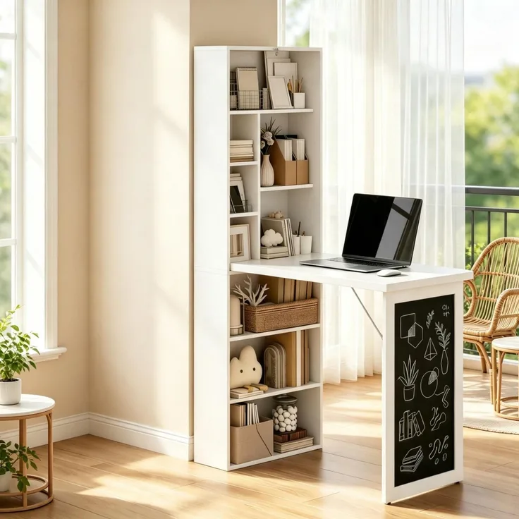 Schreibtisch aus MDF und Kiefernholz, klappbar mit Regal, 98x51x153 cm, Weiß/Schwarz