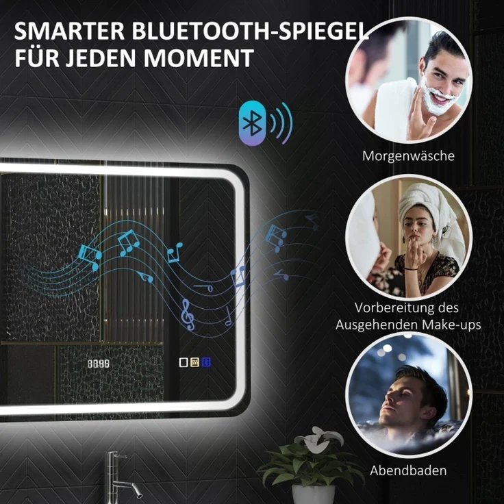 Badspiegel 70x90x3.5 cm mit LED-Beleuchtung, Bluetooth und Antibeschlagfunktion, Silber – Bild 6