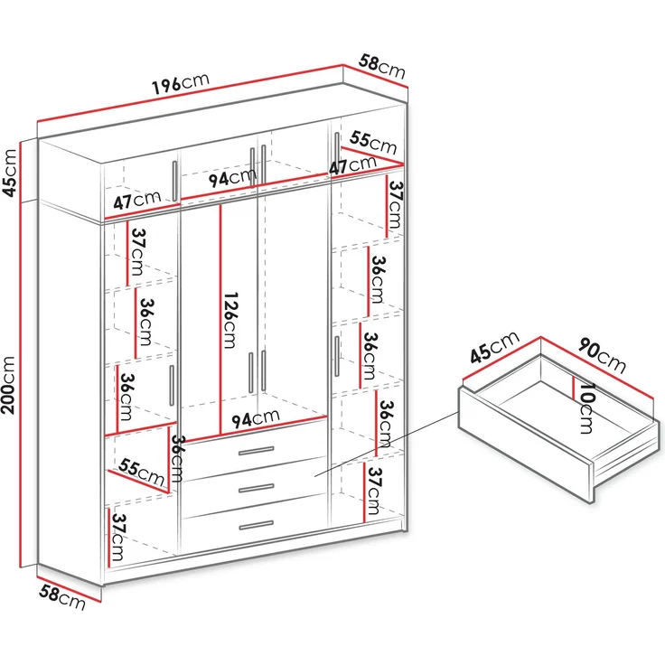Mirjan24 'Bado 4D' Kleiderschrank mit Schubladen und Spiegel, Laminatplatte Graphit, 245 x 58 x 196 cm – Bild 5