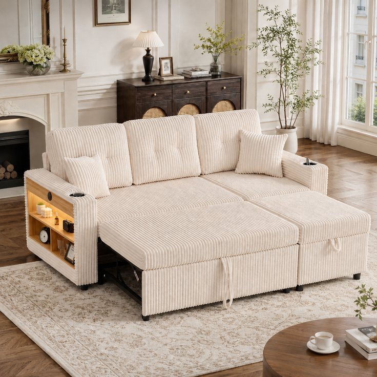 ZUBALIYA Sofa 144x85 cm, mit LED - Beleuchtung, mit USB - Anschluss, mit Stauraum, mit Ablageflächen, mit Ausziehbett
