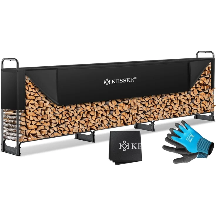 KESSER® Kaminholzregal Metall Brennholzregal außen Stahlrahmen + Abdeckung & Handschuhe Kaminholzunterstand 200kg Wasserdichter Holzlager Holzstapelhilfe für Garten Terrasse Schwarz, 390 x 36 x 117cm