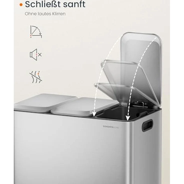 SONGMICS HOME Mülleimer Küche, 3x15 L Fächer, Abfalleimer mit farbcodierbaren Pedalen, Mülltrennsystem, mit Deckeln und Inneneimern, Stahl, metallicsilber LTB740E45V1 – Bild 7