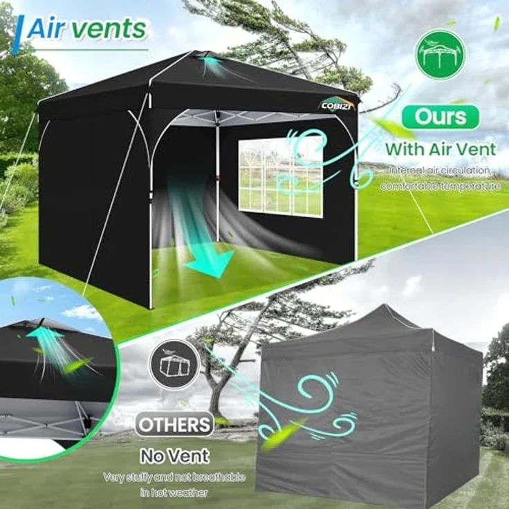 COBIZI Pavillon 3x3 Wasserdicht Stabil Winterfest Faltpavillon Gartenpavillon Partyzelt Pop Up Pavillon Klappbar UV Schutz 50+ Höhenverstellbar mit Entlüftung & 3 Stoffstücken&4 Sandsäcke， Schwarz – Bild 4