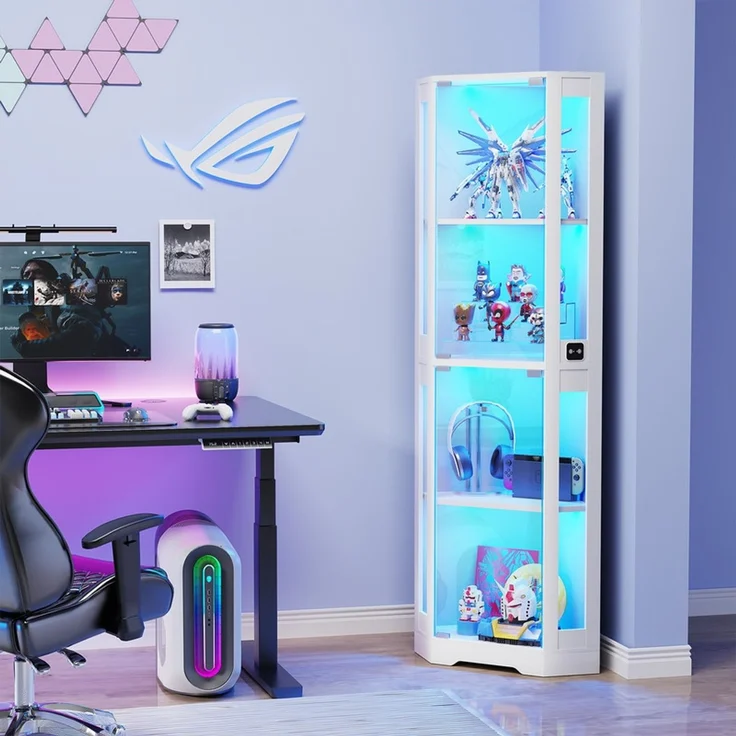 Eckvitrine 56x165x37 cm, 4-stöckiger Glasvitrinenschrank mit LED-Beleuchtung und Acryl-Seitentüren, Weiß – Bild 2