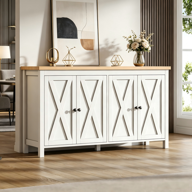 Merax 140cm Sideboard mit 4 Türen, mit Schwarzem, Rundem Griff,2 Partitionen, Multifunktionaler Aufbewahrungsschrank aus MDF-Material, Weiß – Bild 3