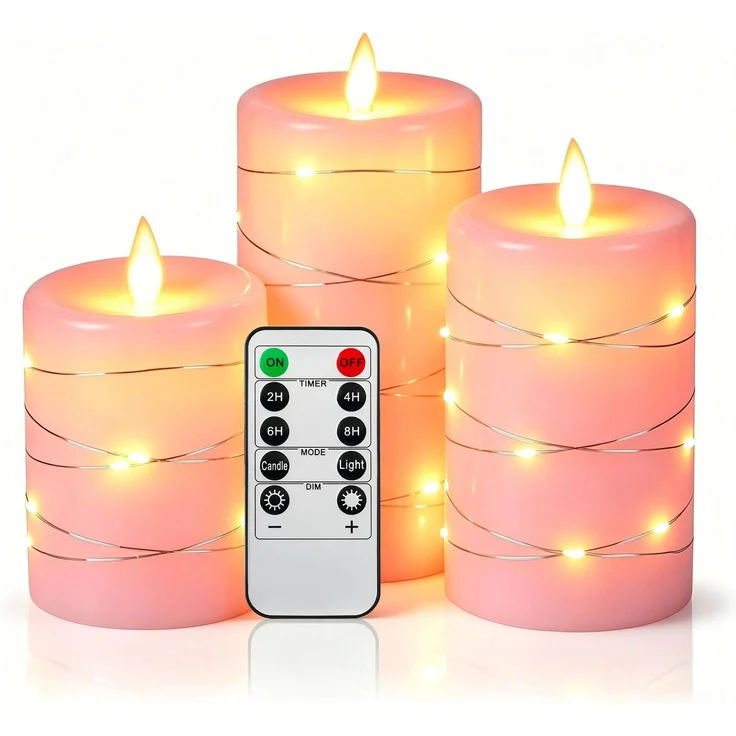 Da by 3 Stück Rosa Paraffin LED Kerzen mit Kupferlichtkette, Realistische Flackerflamme, Batteriebetriebene Premium Kerzen mit Fernbedienung, Wiederverwendbar für Wohn- und Festdekoration
