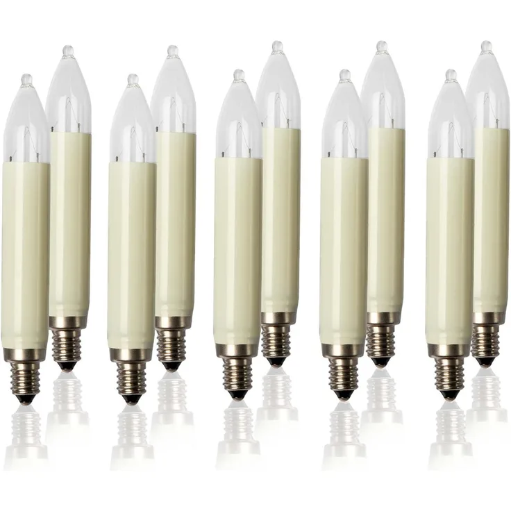 hellum Ersatz-Kerzen für Schwibbogen, 10 Stück 16V 3W Schaftkerze für Weihnachtsbaum Kerzen Lichterketten innen und außen mit 15 Brennstellen, Birnen für Lichterbogen E10/ 16V/ 3W/ 22 Lumen 904017