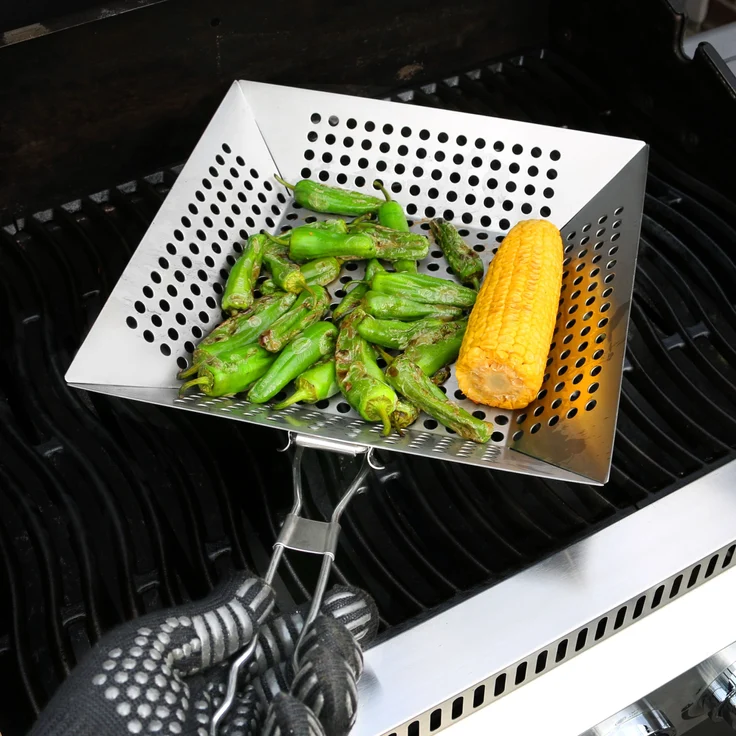 Grillpfanne quadratisch / mit Klapp-Griff / Edelstahl ca. 30,5 x 6 x 51,5 cm / Grillkorb Grillplatte – Bild 6