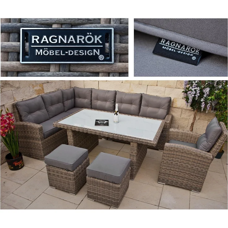 Ragnarök Möbel-Design Gartenlounge-Set Dining Lounge Wieland XL, (Set, 1 Ecklounge, 2x Hocker, 1x Hochlehner Sessel, Alu, Polyrattan), Sitzpolster ca. 16 cm dick – Bild 3