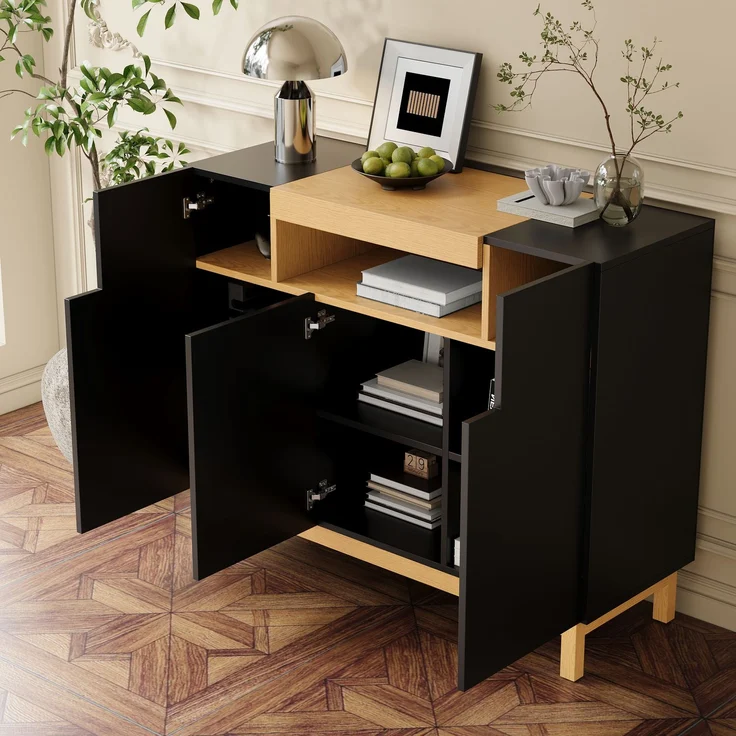 Merax Sideboard, Drei Türen, Geeignet für Wohn- und Esszimmer, Multifunktionales Aufbewahrungsmöbel, Schwarz – Bild 2