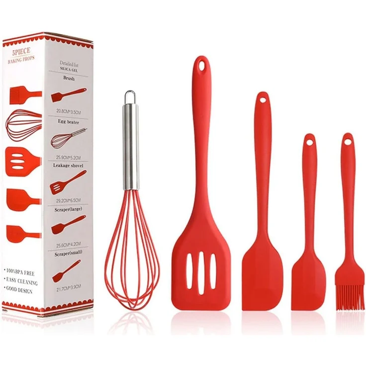 König Design Kochbesteck-Set Silikon Teigschaber Spatel Antihaft Back Schaber Kochset Schneebesen (Set, 5-tlg, 3 x Kochlöffel, 1 x Schneebesen, 1 x Pinsel), Spachtelbürsten Backwaren Ölbürste Schneebesen Schlitzwender