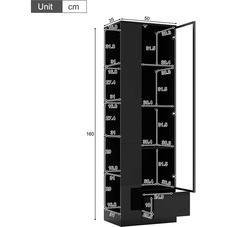 Vitrine 50 x 35 x 160 cm mit Glastür, LED-Beleuchtung und Schublade – Schwarz – Bild 4