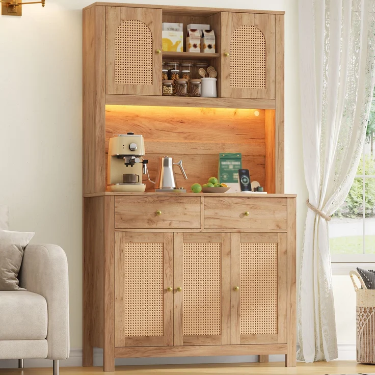 Küchenschrank 100 x 40 x 180 cm mit RGB-LED-Beleuchtung und Rattantüren – Bild 4