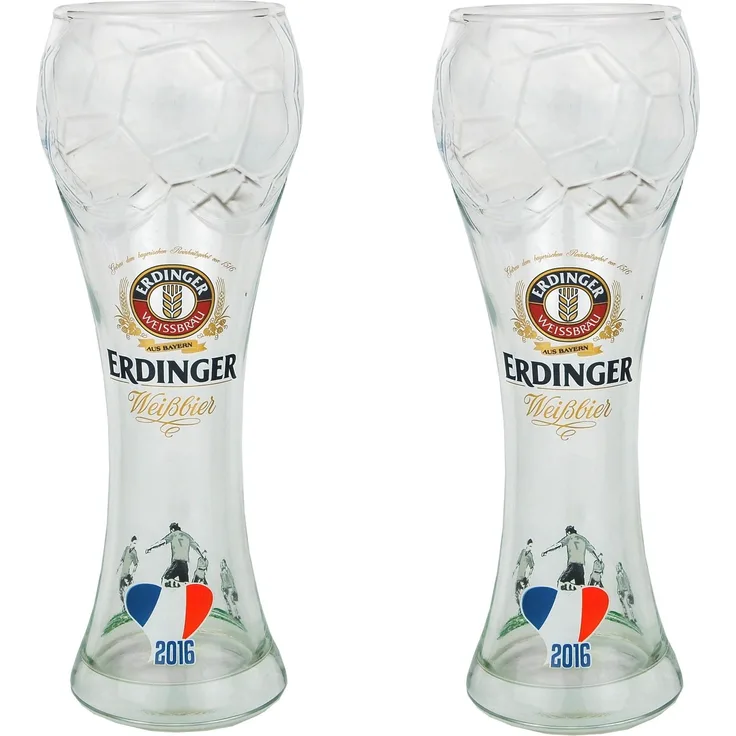 2er Set Weizen- - Weißbierglas mit Erdinger Logo und EM 2016 Verzierung - 0,5 l mit Füllstrich - perfekt für die diesjährige Europameisterschaft