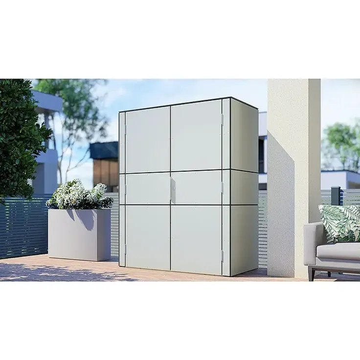 Bertilo Gartenschrank HPL Terrace, wetterfester Holzschrank mit Doppeltür, Silbergrau, Außenmaß 75 x 155 cm