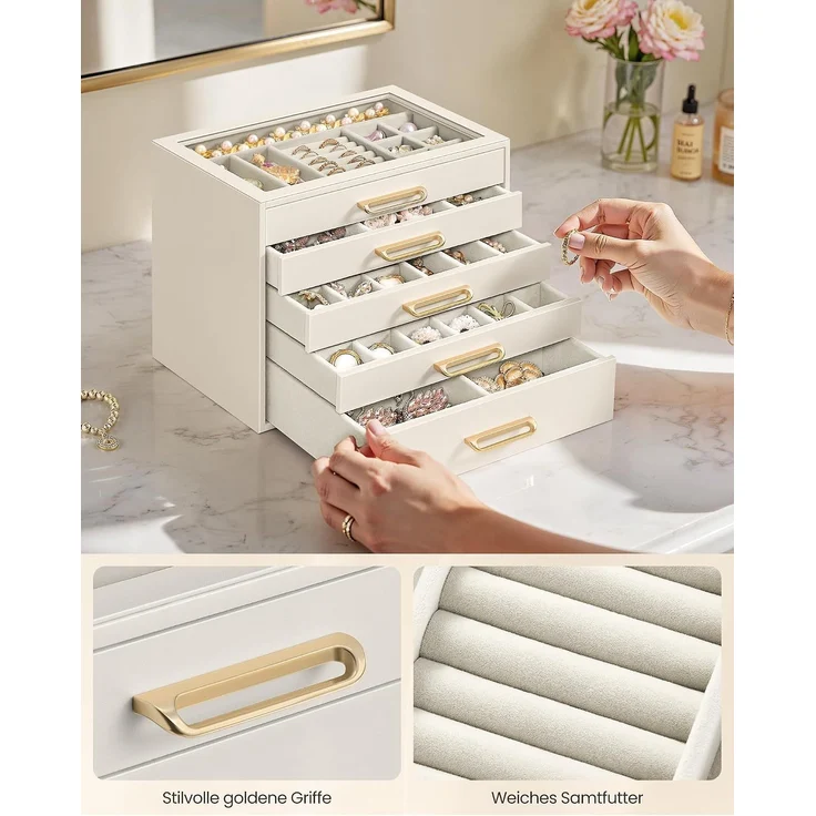 SONGMICS Schmuckkästchen aus Holz mit Glasdeckel, Schmuck Organizer mit 5 Ebenen, 24 x 17,2 x 18,4 cm, Cremeweiß – Bild 6