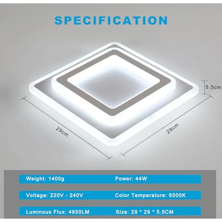 Goeco Deckenlampe LED Moderne, 44W 4950LM Quadratisch Deckenleuchte, 6500 K Kaltweißes Licht, Weiß LED Deckenbeleuchtung aus Acryl für Flur, Küche, Schlafzimmer, Wohnzimmer – Bild 3