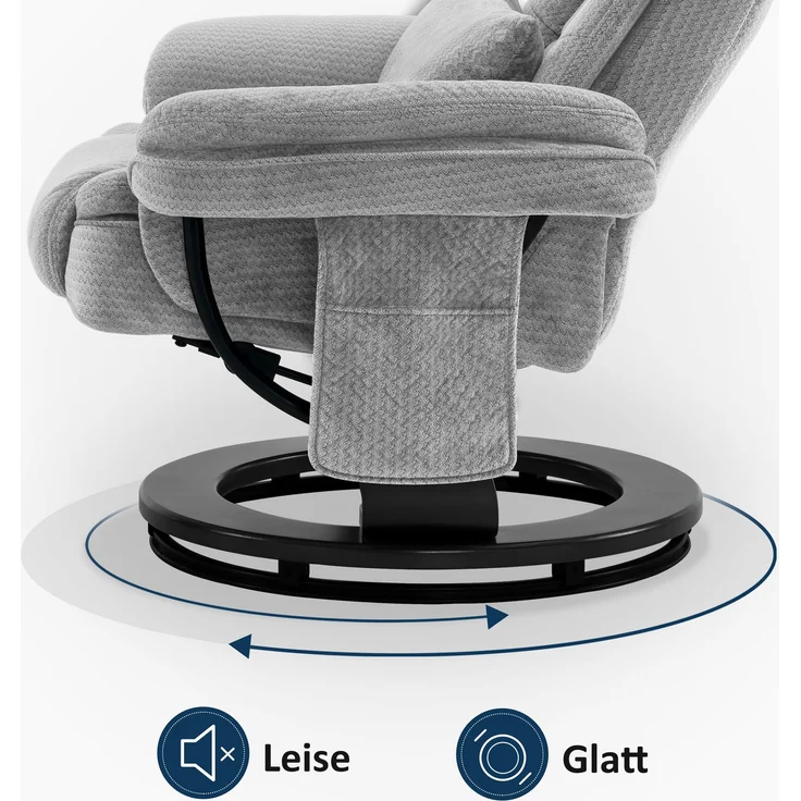 M MComboRelaxsessel mit Liegefunktion, 360°Drehbarer Fernsehsessel mit Hocker, bis 120 Kg Belastbarer TV-Sessel für Wohnzimmer, mit Kissen & Seitentasche, Lesesessel Bequem, 9099 (Hellgrau-Stoff) – Bild 5