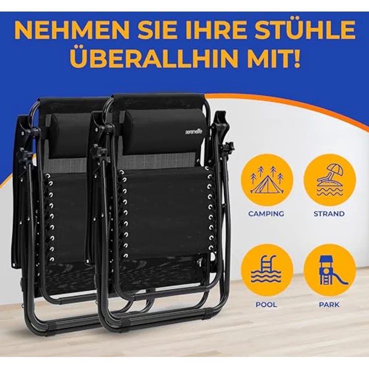 SereneLife Sonnenliege Wetterfest, Gartenliege Wetterfest Klappbar & Verstellbar zum Liegen für Balkon, Garten, Terrasse & Camping mit Seitentisch, Kopfkissen & Getränkehalter, Deckchair Schwarz – Bild 7