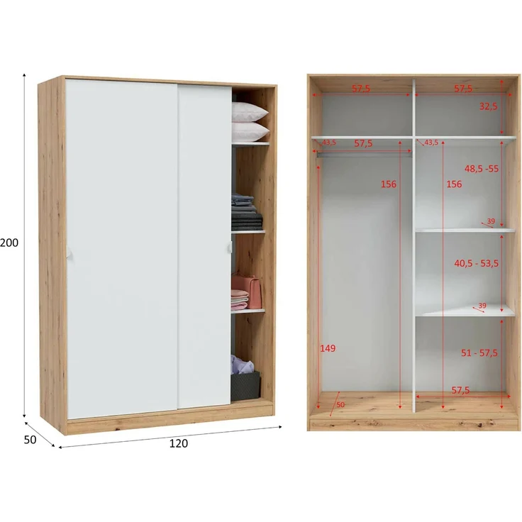 Dmora Kleiderschrank 2 Türen Adrenalin, Schlafzimmerschrank, Schrank mit 4 Regalen und Kleiderstange, 120x50h200 cm, Eiche und Weiß – Bild 3