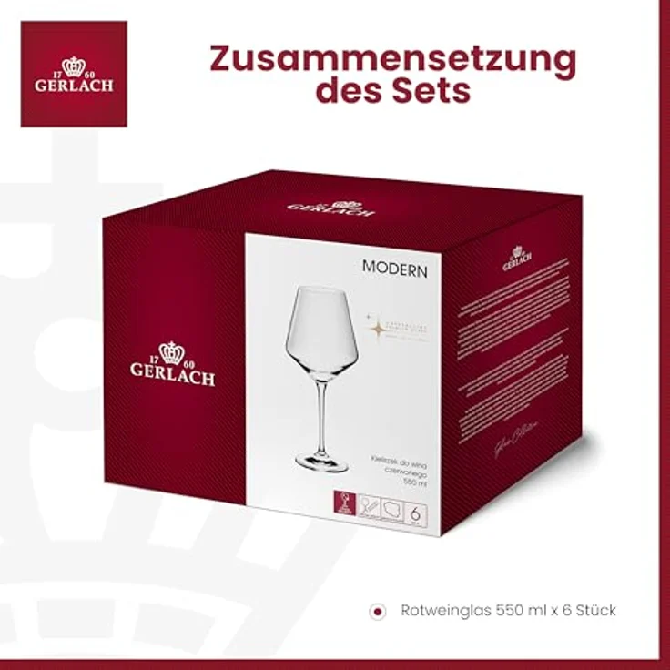 Gerlach 1760 Weingläser Rotweingläser Gläser Set 6 Stück 550 ml Rotweinkelche Kristallglas Wein Glas Spülmaschinenfest Modern, Rot – Bild 5